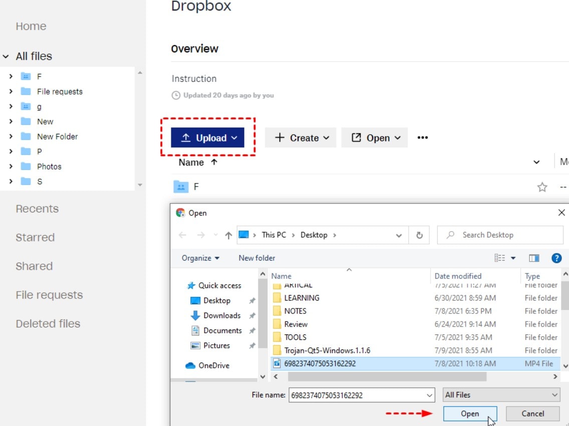 upload video files to dropbox